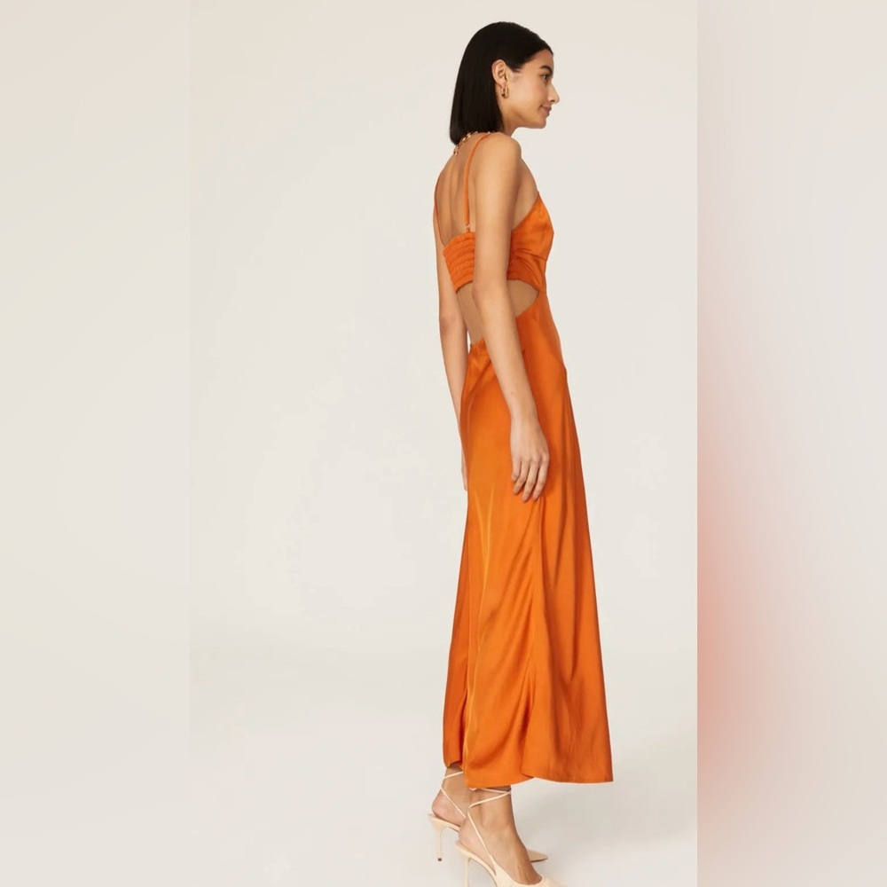 A.L.C. Blakey Cut-Out Satin Midi Dress Smocked Back Rust Orange Size 4 - Picture 5 of 13